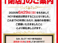 『パチンコナンバーワン安城店』閉店のお知らせ