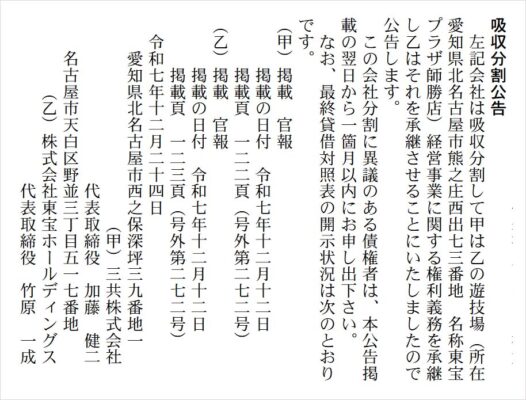 三共㈱が愛知県北名古屋市のパチンコ店『東宝プラザ師勝店』をグループ化